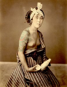 Tattooed Japanese Woman (Hand Coloured Photo)